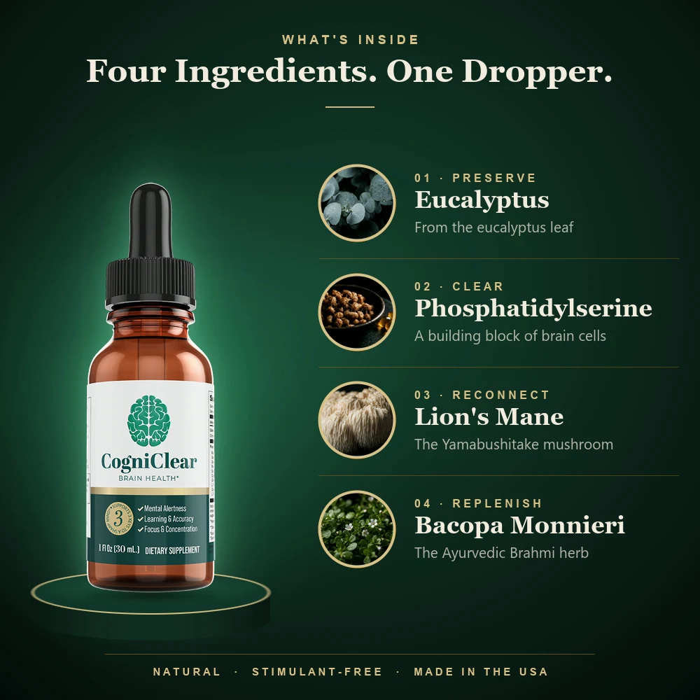 What's inside CogniClear: eucalyptus, lion's mane, phosphatidylserine and bacopa in one dropper